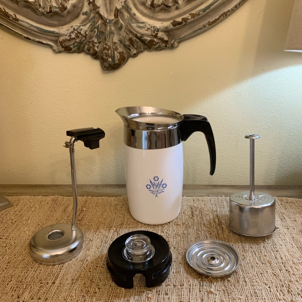 Vtg Corning Ware 6 cup Coffee Pot Percolator white cornflower